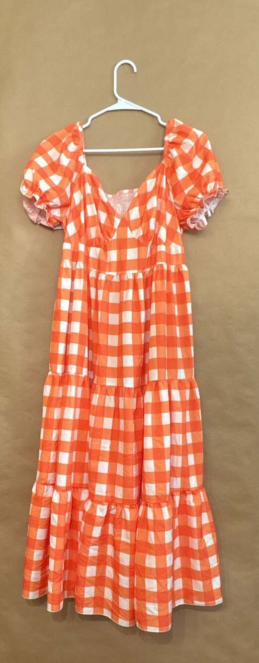 SHEIN Curve Gingham Puff Sleeve Midi Dress Size 0XL Orange